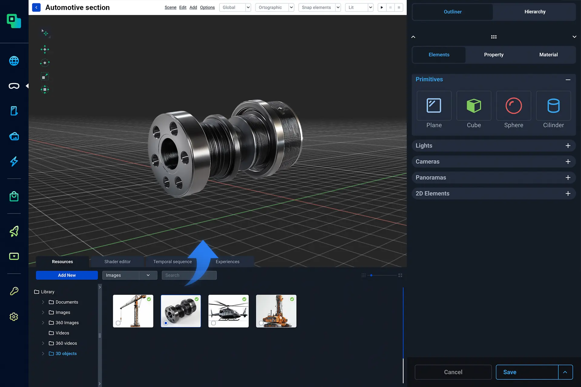 Drag and drop of a 3D asset into the scene directly from the library