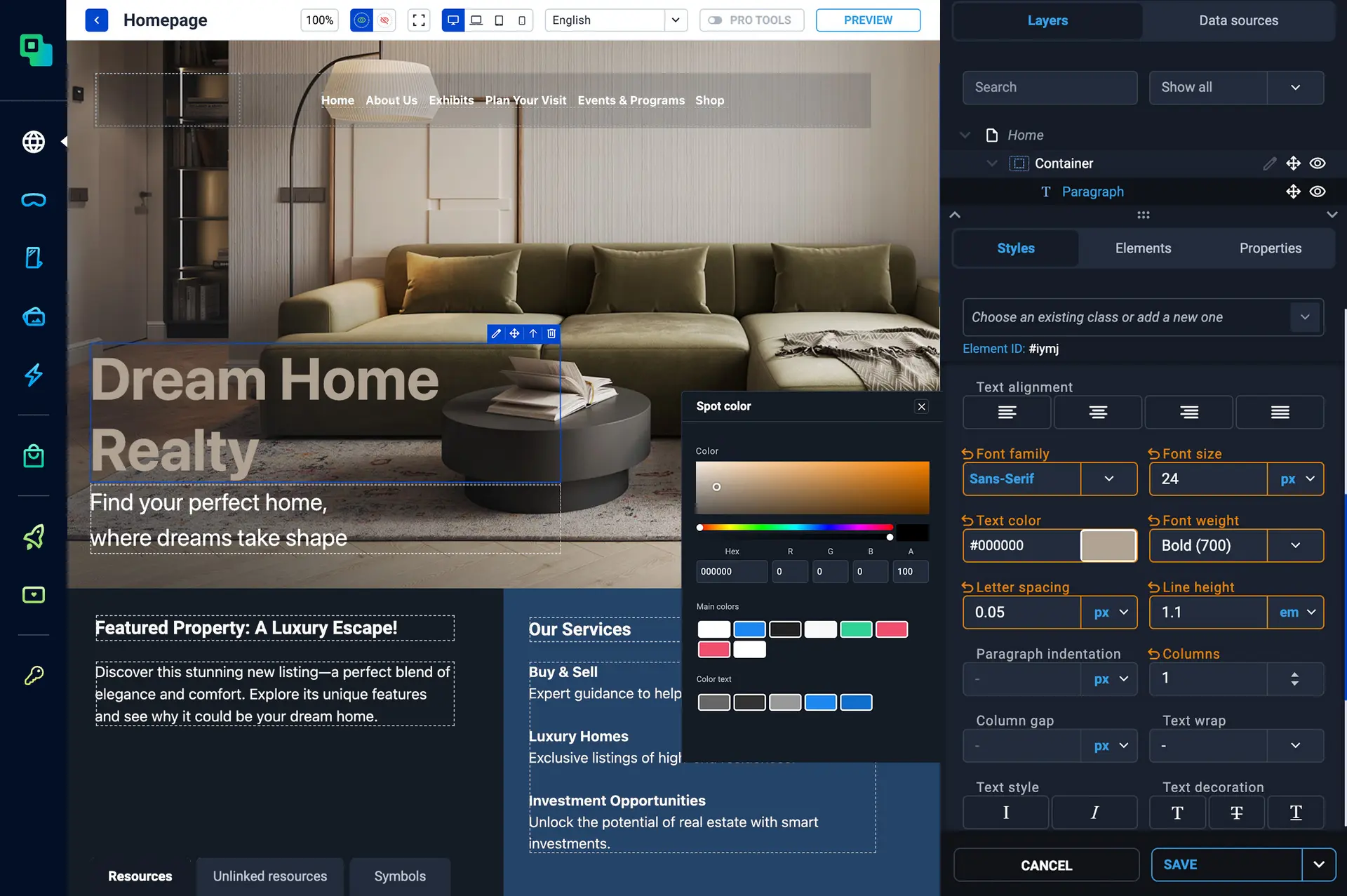 Customizing page elements and content through an intuitive and comprehensive sidebar