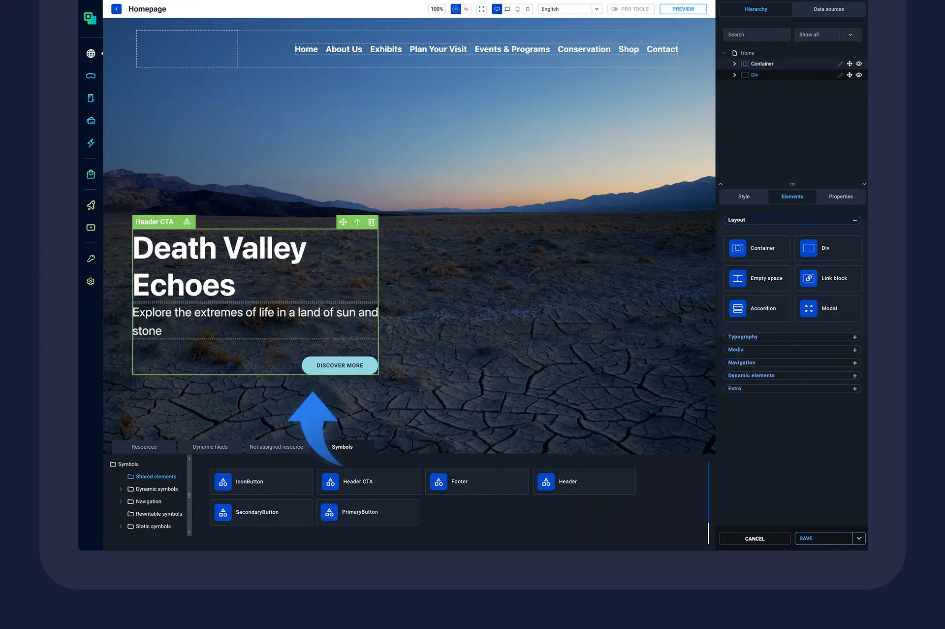 Adding reusable symbols, components, and templates to the page using drag-and-drop