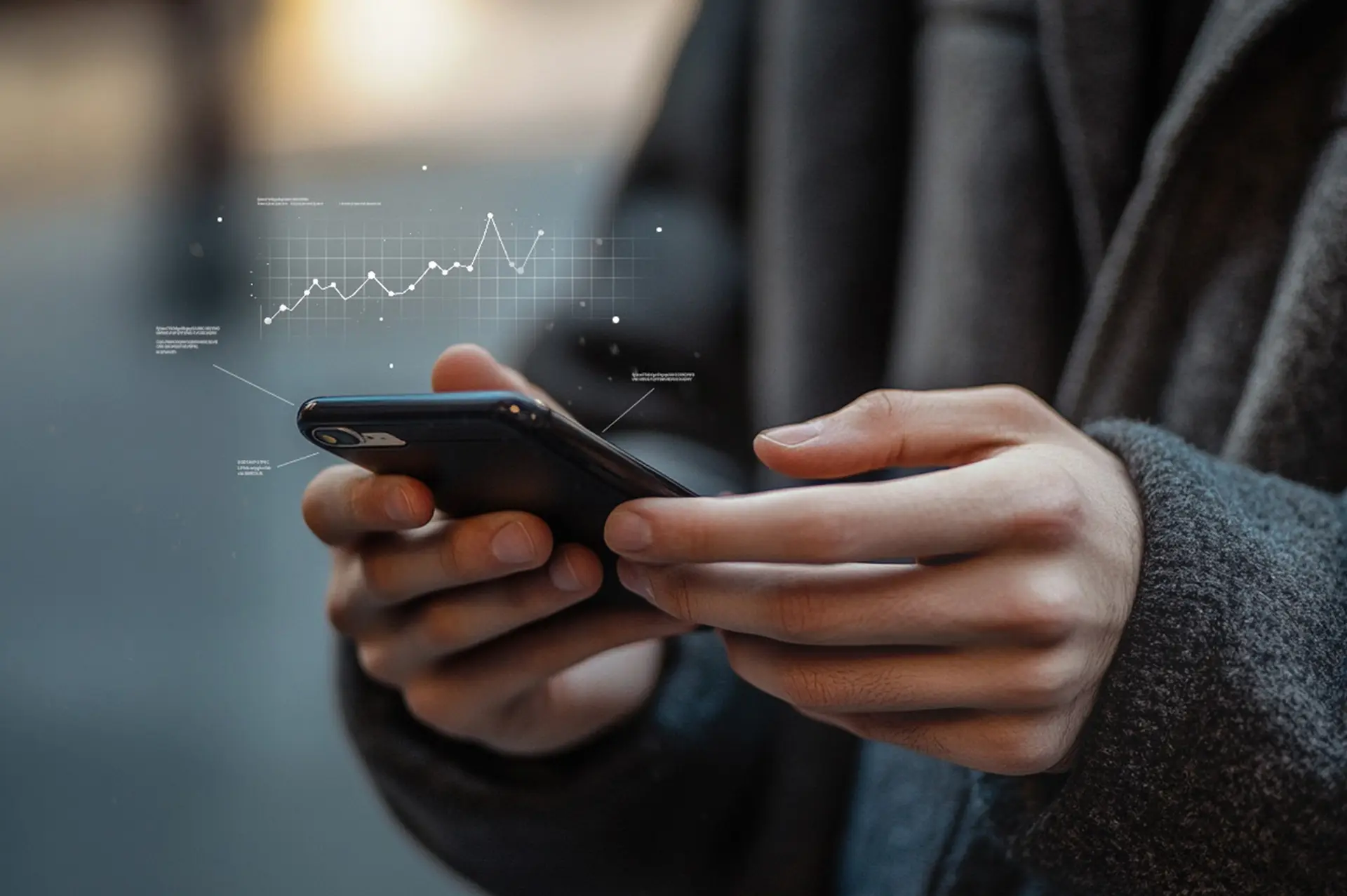 Person with mobile device, with data and charts emerging to symbolize data collection in online experiences