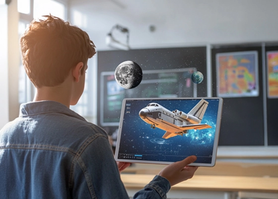 Immersive learning experience on a tablet with exploration of a 3D model of a space shuttle