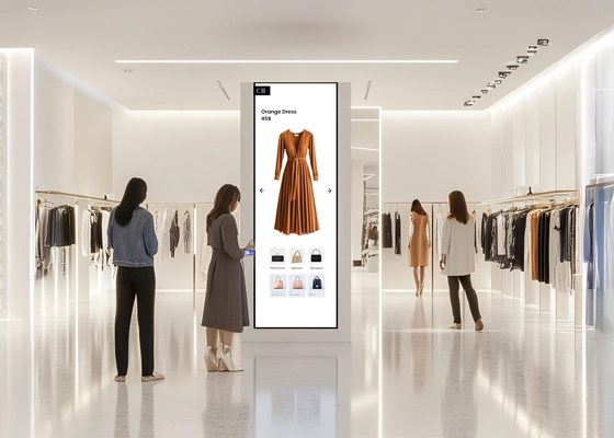 People inside a store interacting with an interactive kiosk, representing an immersive in-store experience